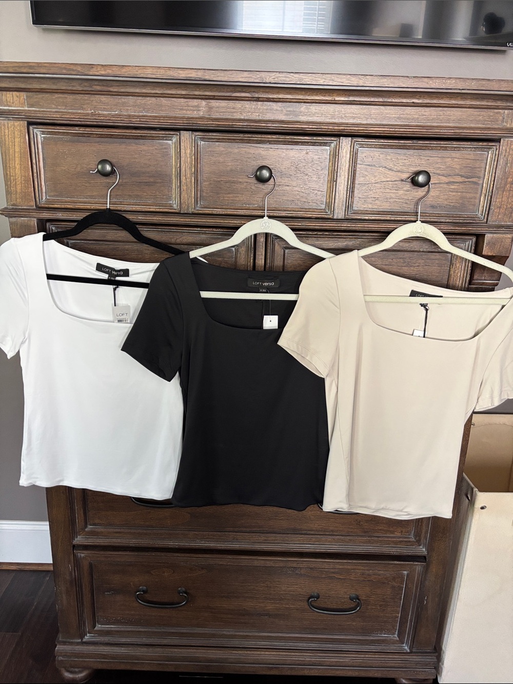 LOFT Short-Sleeve Square-Neck Top in White, Black, and Cream